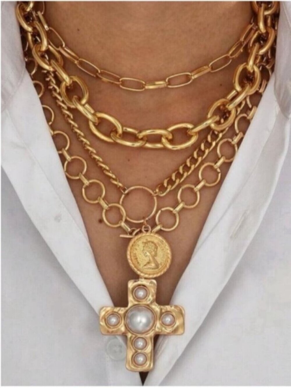 New! Gold Vintage Coin Cross Necklace Stack Set NWOT